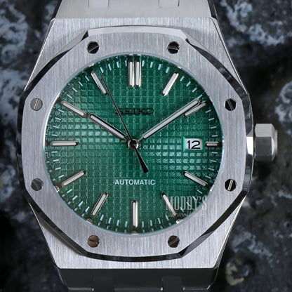 Green textured Seiko NH35 automatic Royal Oak mod watch, water resistance