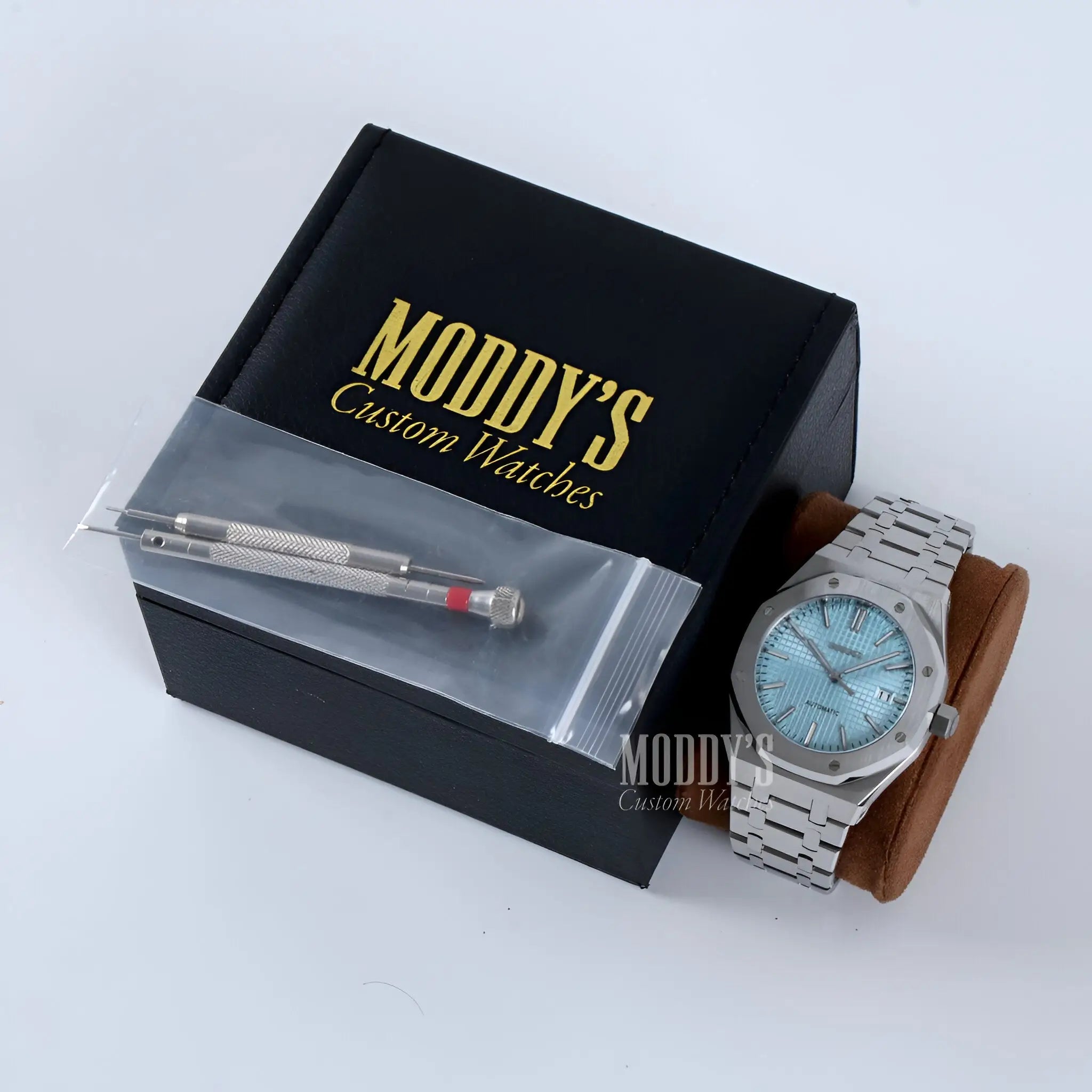 Royal Oak mod Seiko NH35 automatic watch with ice blue dial