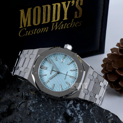 Royal Oak mod Seiko NH35 automatic watch with ice blue dial