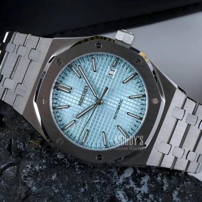 Royal Oak mod Seiko NH35 automatic watch with ice blue dial