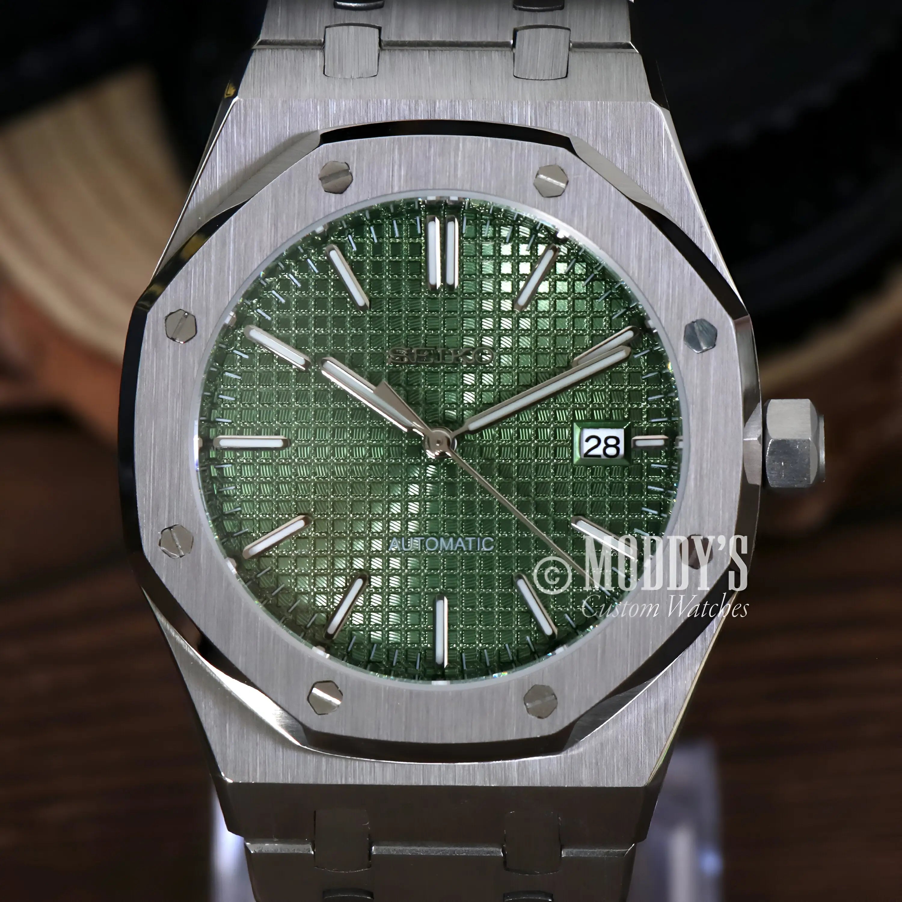 Royal Oak mod Seiko NH35 automatic olive green dial watch