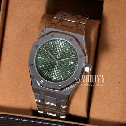 Olive green Royal Oak mod watch with Seiko NH35 automatic movement