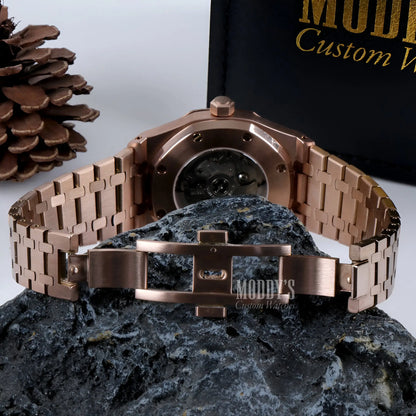 Rose gold skeleton Royal Seikoak watch with Seiko NH35 automatic, water resistant stainless steel band, black face, Royal Oak mod design