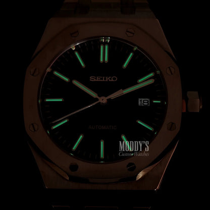 Royal Seikoak Rose Gold Black Dial Watch with Green Lume