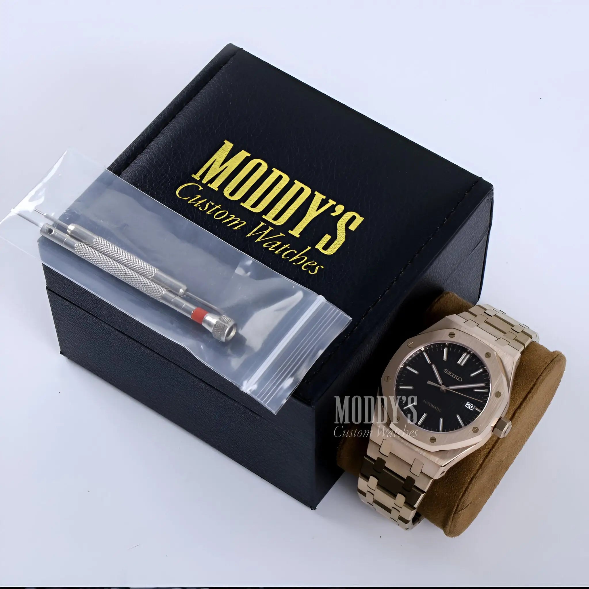 Royal Oak mod Seiko NH35 automatic gold watch with black dial