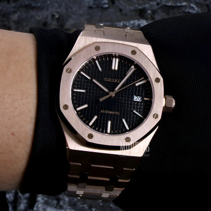 Rose gold Royal Oak mod watch with black dial, Seiko NH35 automatic