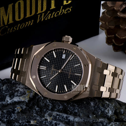 Royal Oak mod Seiko NH35 automatic rose gold black dial watch