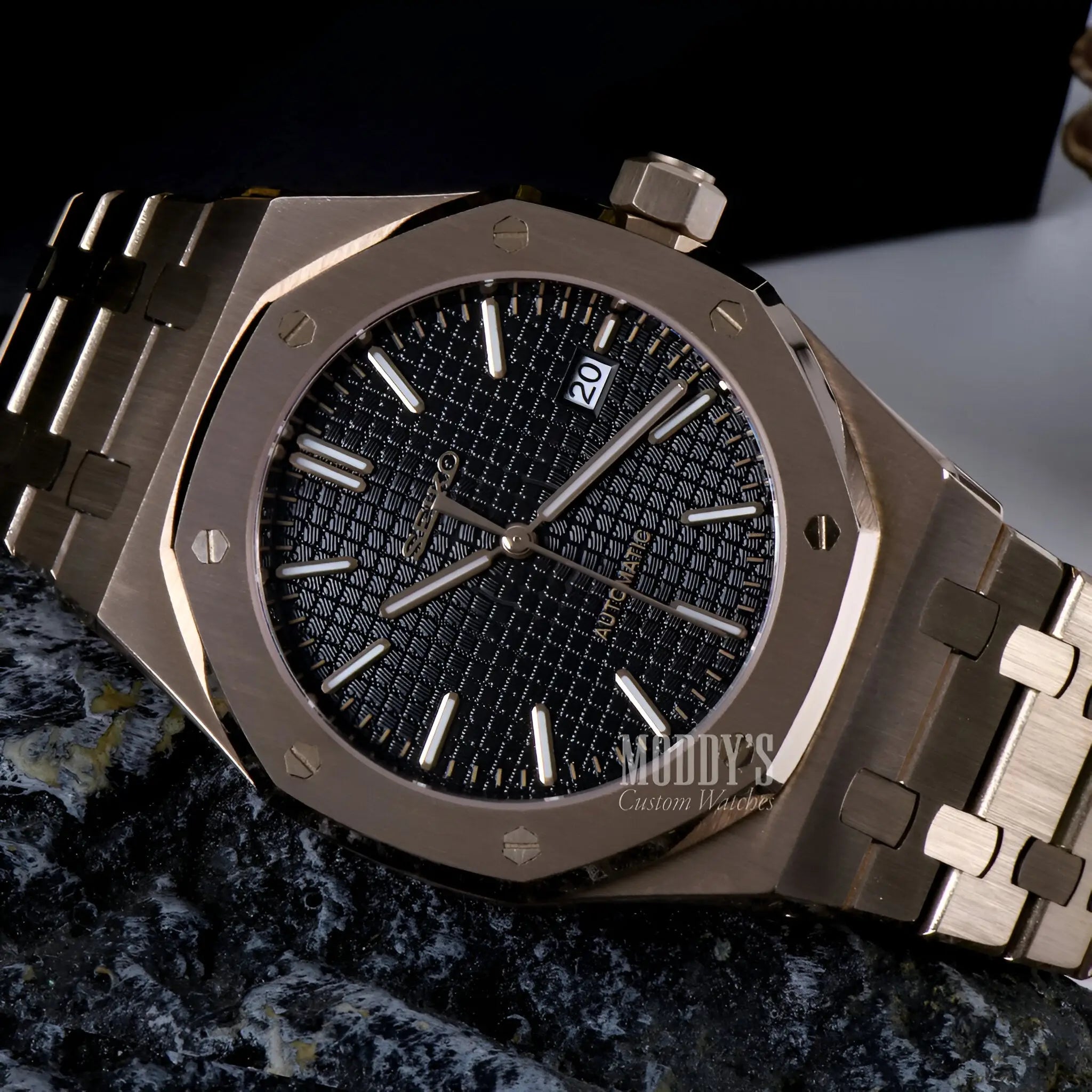 Royal Oak mod Seiko NH35 automatic watch in rose gold black