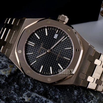 Royal Oak mod Seiko NH35 automatic watch in rose gold black