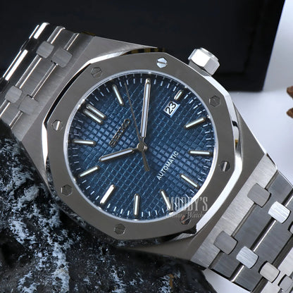 Royal Oak mod Seiko NH35 automatic watch with blue textured dial