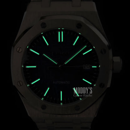 White Audemars Piguet Royal Oak mod Seiko NH35 automatic watch with green lume