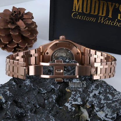 Rose gold Audemars Piguet Royal Oak mod watch with Seiko NH70 automatic skeleton dial and stainless steel bracelet