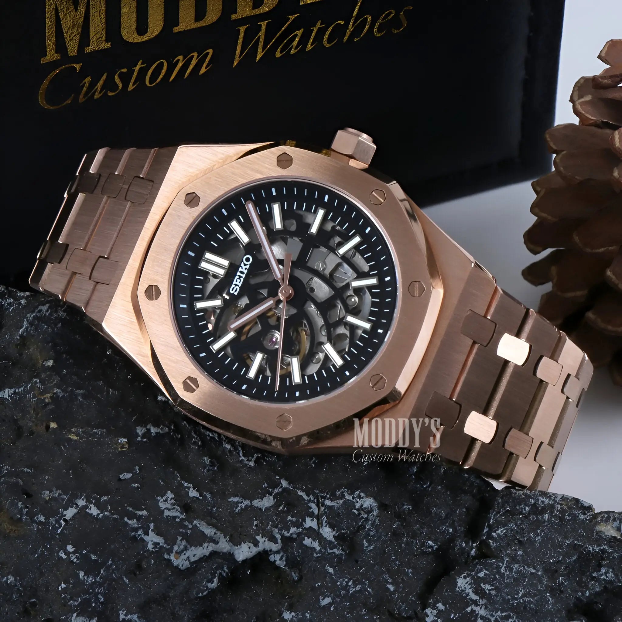 Royal Seikoak rose gold skeleton watch with black dial, Seiko NH70 automatic mod
