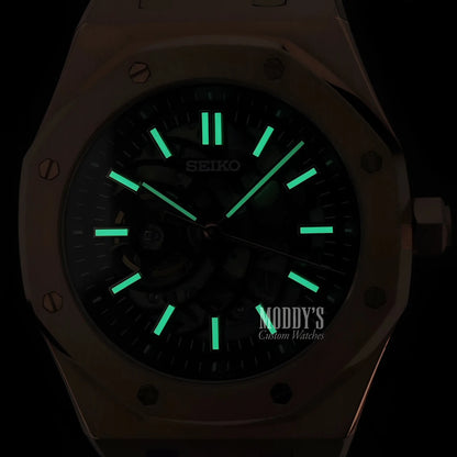 Royal Seikoak Rose Gold Skeleton with luminous green hands, white ceramic case, Seiko NH70 automatic, stainless steel water resistance