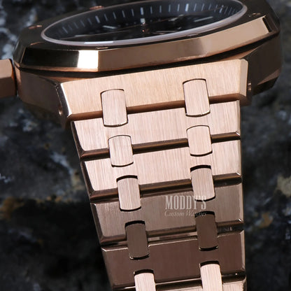 Rose gold Royal Seikoak skeleton watch with black face and stainless steel band, Seiko NH70 automatic Royal Oak mod, water resistant