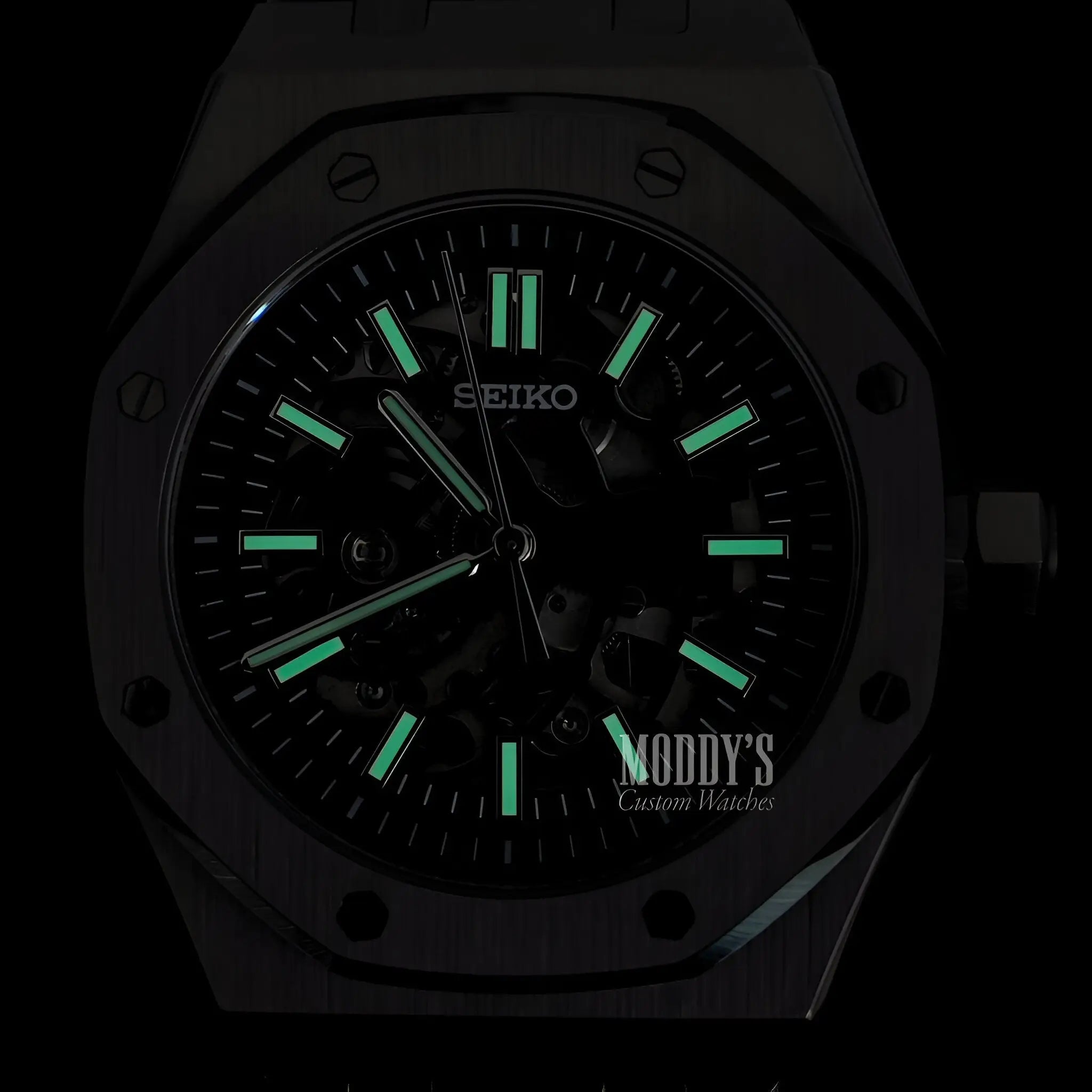 Royal Seikoak Skeleton black diver watch with green lume and rubber strap