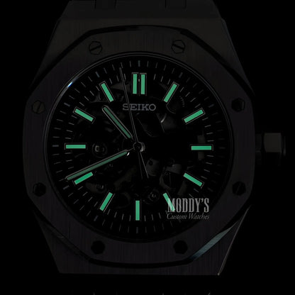 Royal Seikoak Skeleton black diver watch with green lume and rubber strap