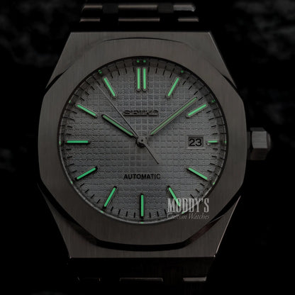 Royal Seikoak White with Seiko NH35 automatic, dark gray textured dial, green luminous hands, water resistance