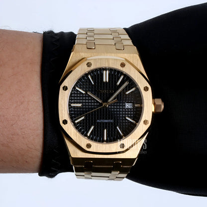 Gold Audemars Piguet Royal Oak mod watch with black dial and bracelet