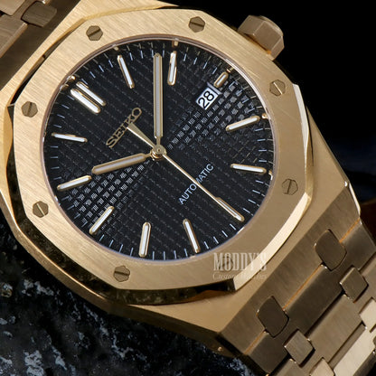 Gold and black Seiko NH35 automatic Royal Oak mod watch with textured dial