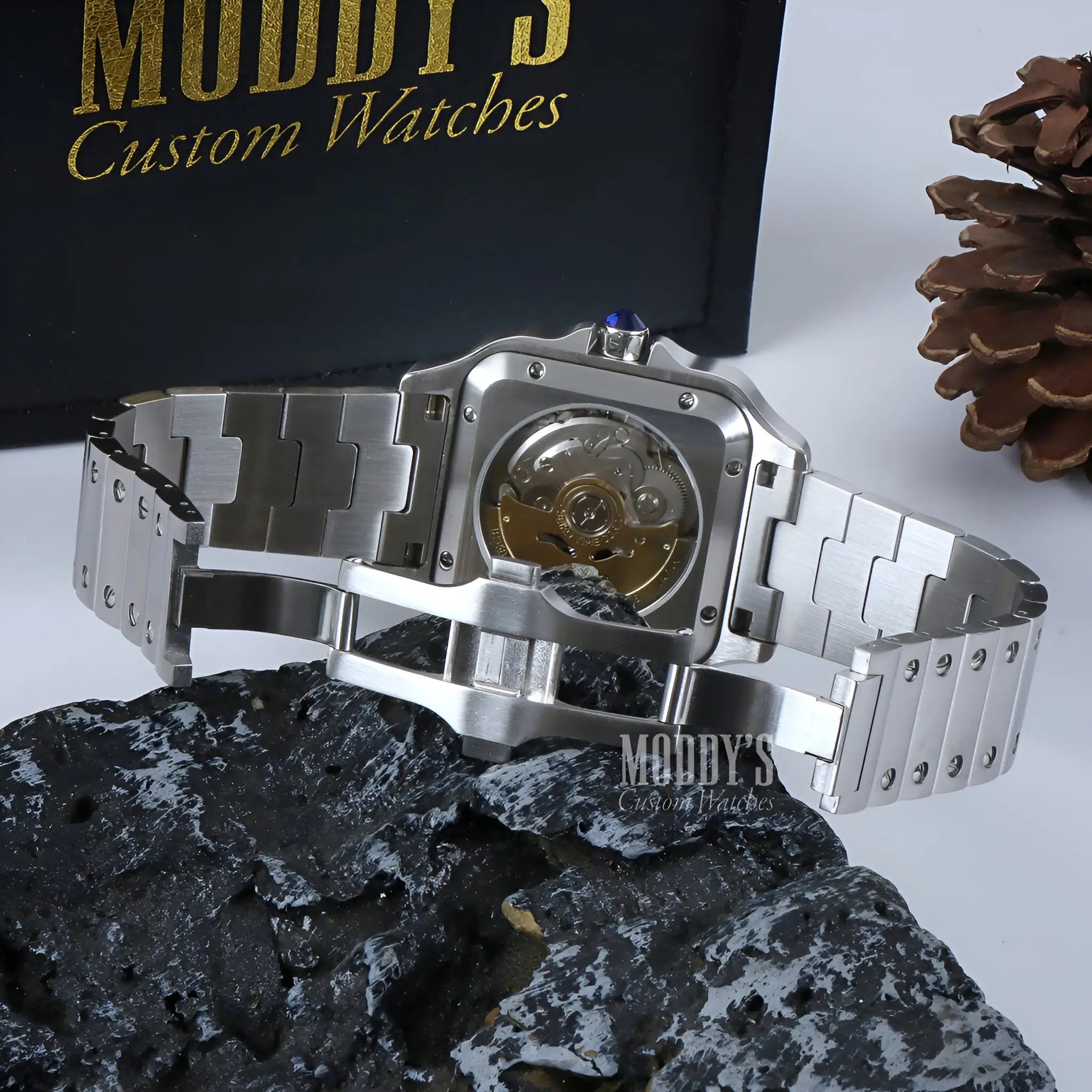 Santeiko Seiko mod Santos stainless steel skeleton watch with gold hands