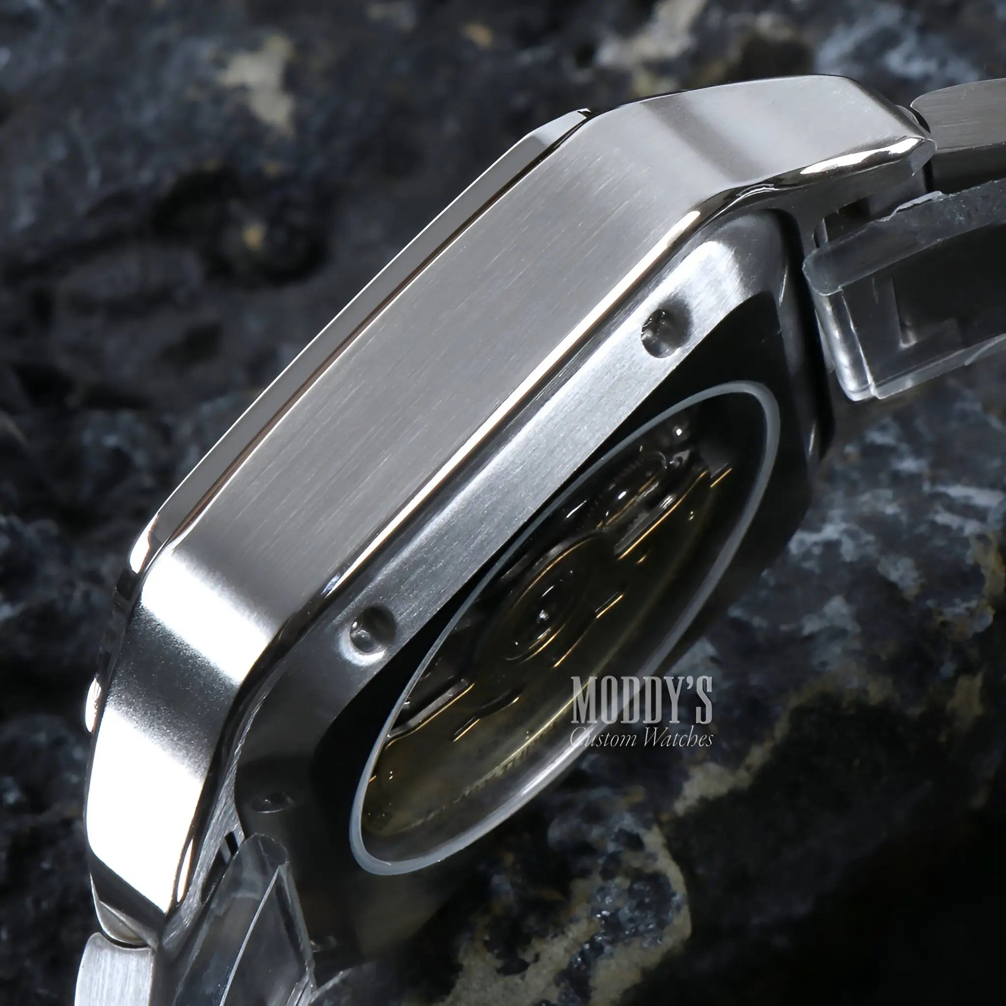 Seiko mod Santos stainless steel watch with black dial, gold hands, Seiko NH35 automatic