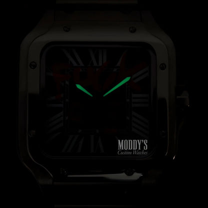 Seiko mod Santos with square face, green luminous hands, black strap