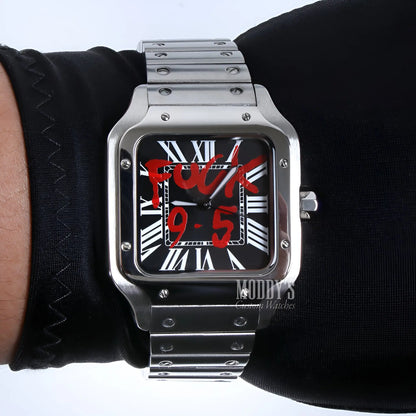 Seiko mod Santos: silver rectangular Seiko NH35 automatic watch with black face, red text, Roman numerals