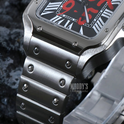 Seiko mod Santos watch with black face, silver Roman numerals, stainless steel band