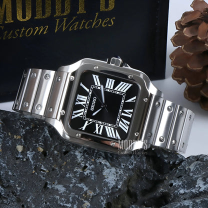 Santeiko Black Seiko mod Santos silver watch with stainless steel 316L band