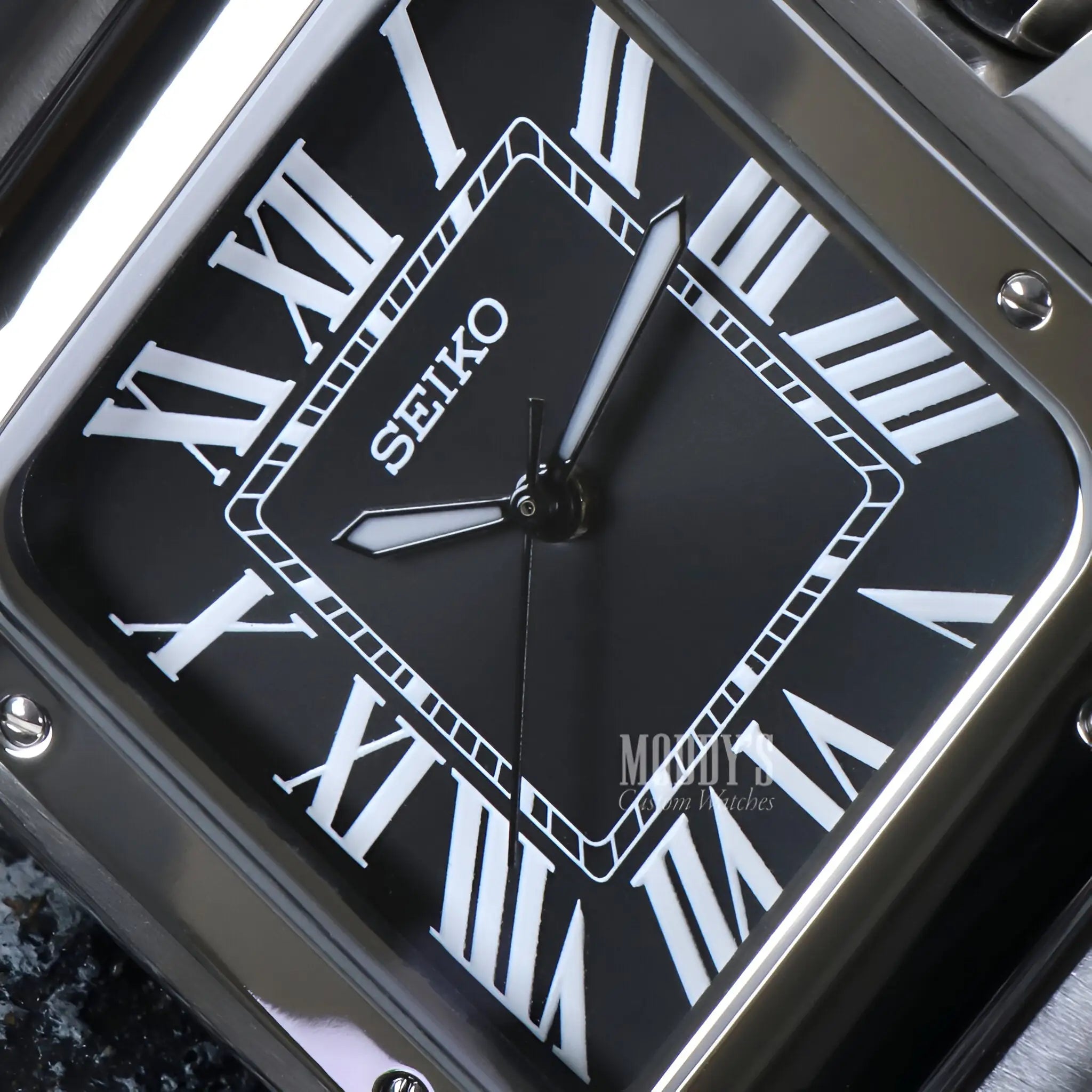 Seiko NH35 automatic black square watch with silver accents, stainless steel 316L