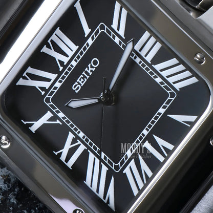 Seiko NH35 automatic black square watch with silver accents, stainless steel 316L