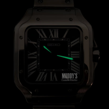 Seiko mod santos NH35 automatic watch with black face, green luminous hands