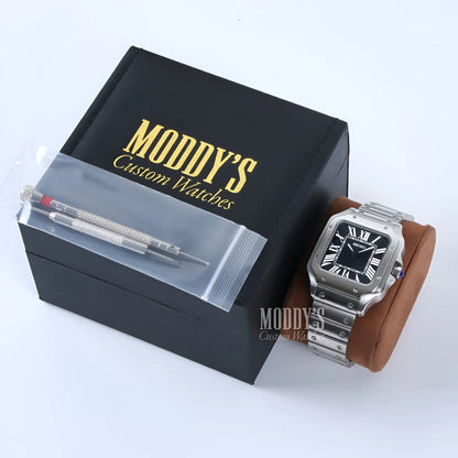 Seiko mod Santos black dial watch with brown leather strap