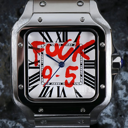 Seiko mod Santos silver square watch with Seiko NH35 automatic movement, 316L stainless steel band, Roman numerals, red and black text, Santeiko White Fck 9 to 5 model