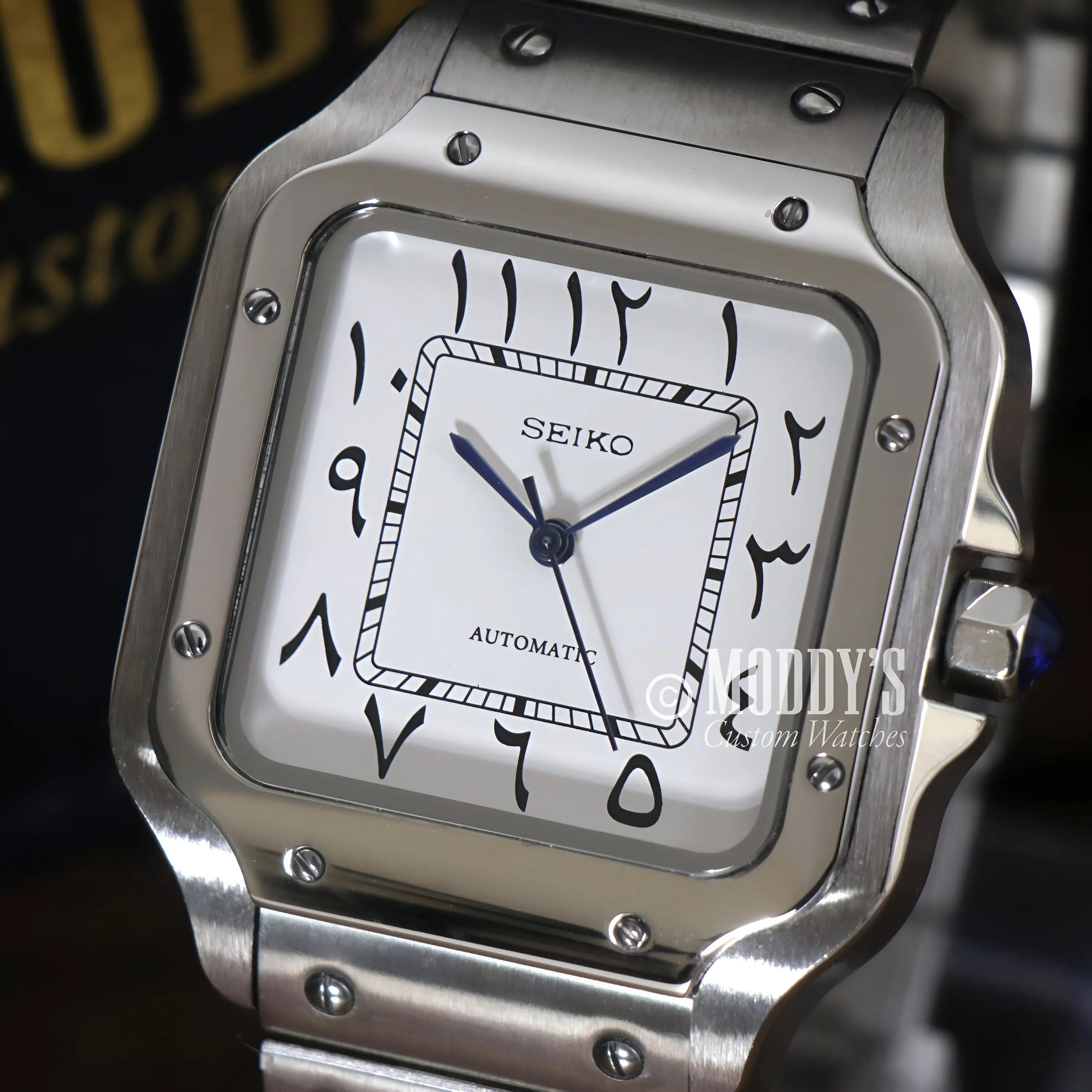 Silver Seiko Mod Santos Arabic White NH35 Automatic Watch