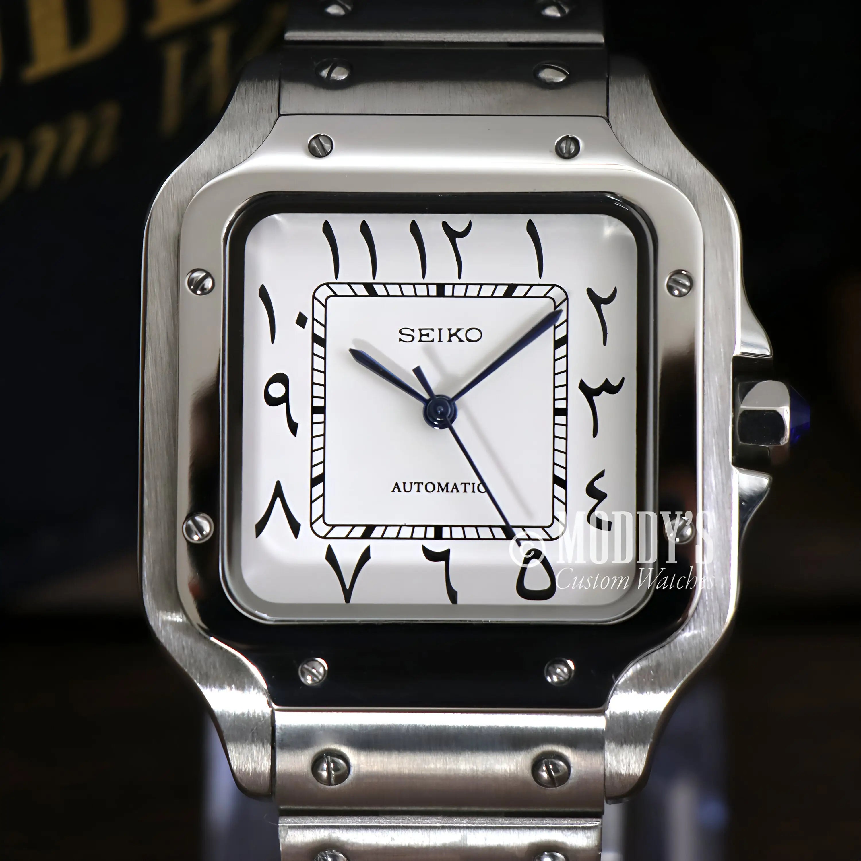 Silver Seiko mod Santos NH35 automatic Arabic white watch