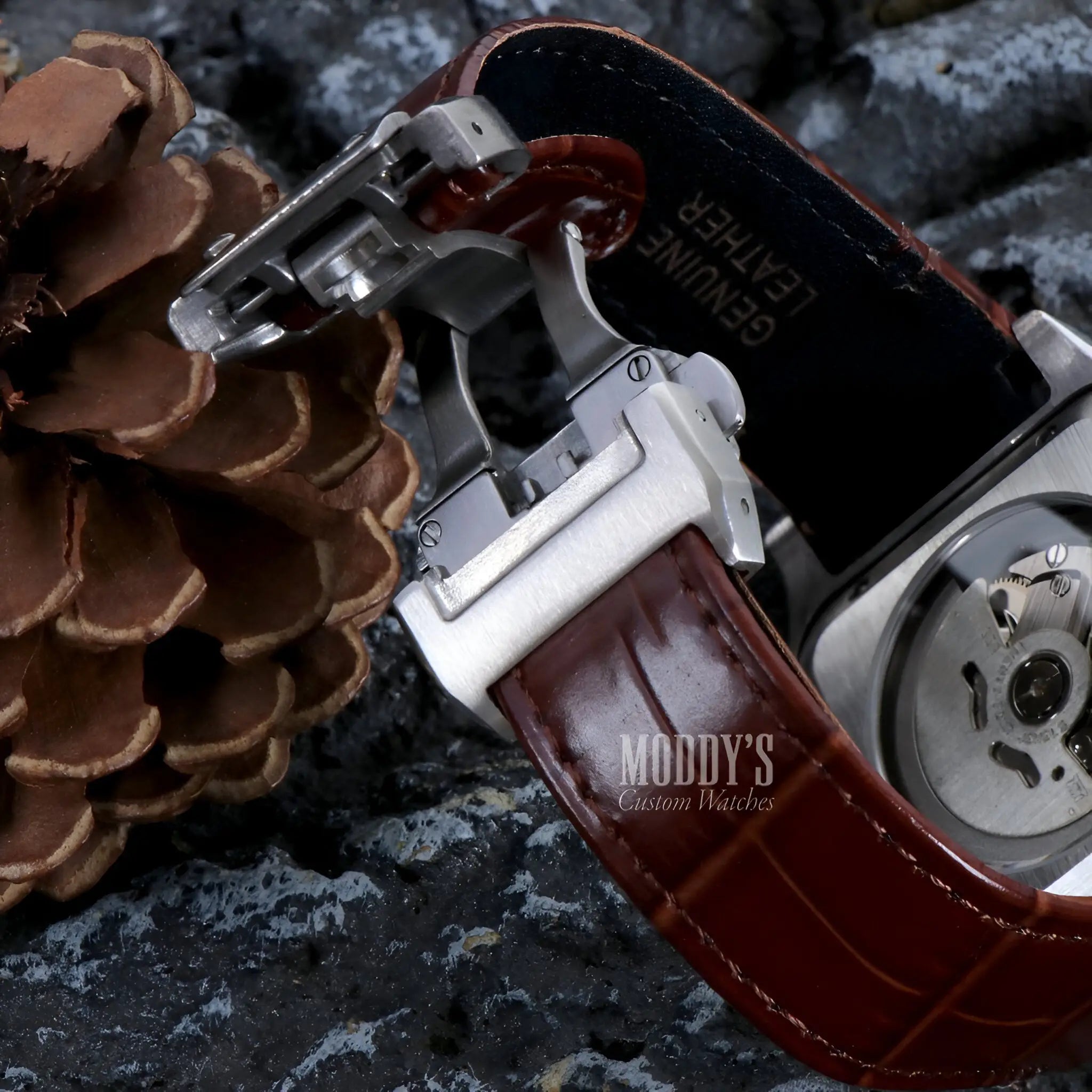 Seiko Mod Santos brown leather watch with NH35 automatic movement