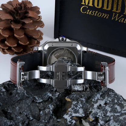 Seiko mod Santos silver watch with brown leather strap and transparent back