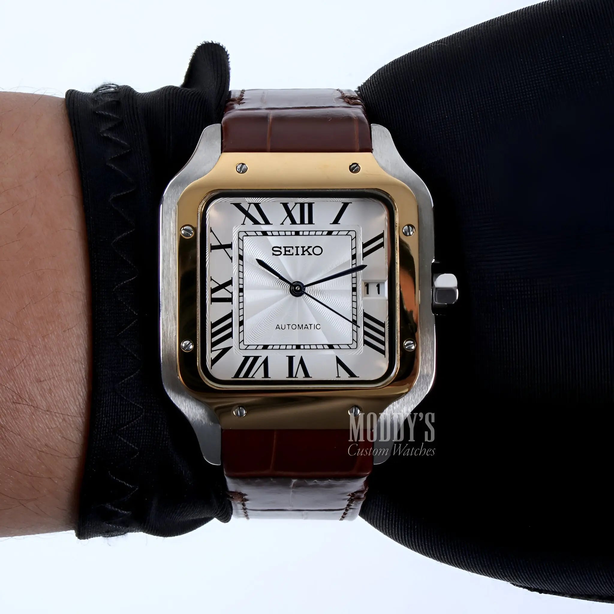 Seiko mod Santos NH35 automatic white dial brown leather strap