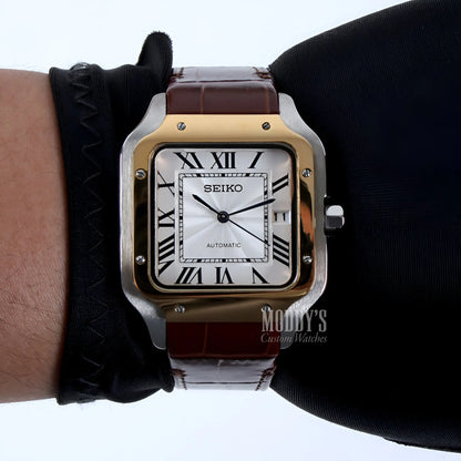 Seiko mod Santos NH35 automatic white dial brown leather strap