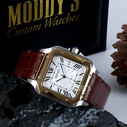 Gold and silver Seiko mod Santos with brown leather strap, NH35 automatic