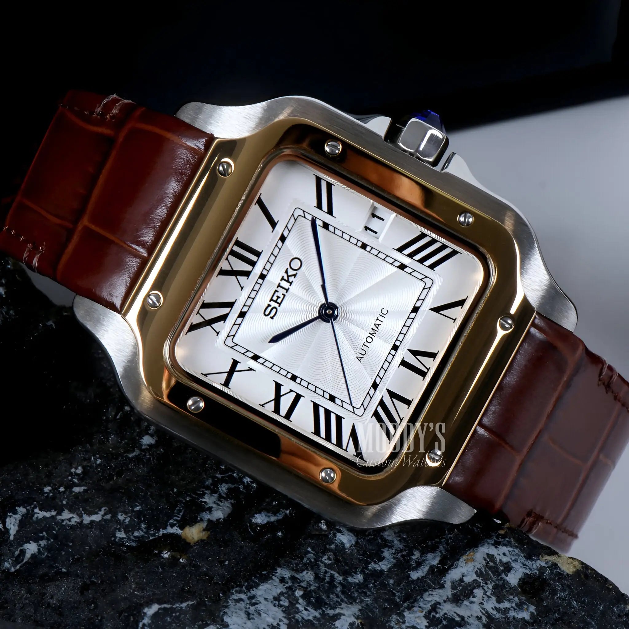 Seiko NH35 automatic watch with gold silver accents brown leather strap