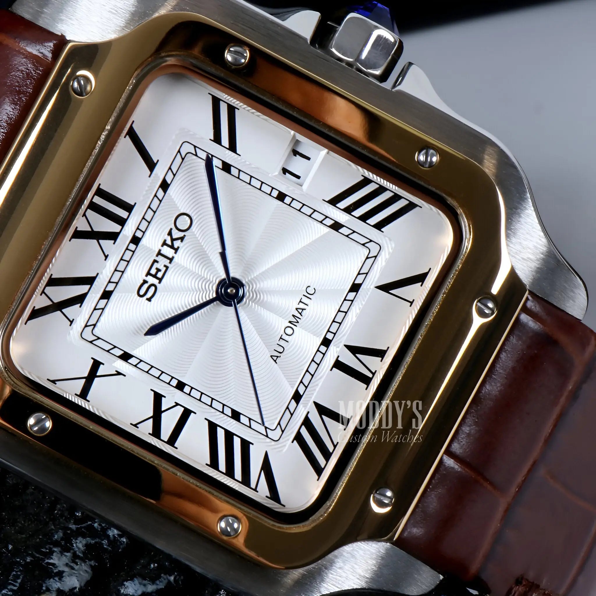 Gold and silver Seiko NH35 automatic watch with brown leather strap