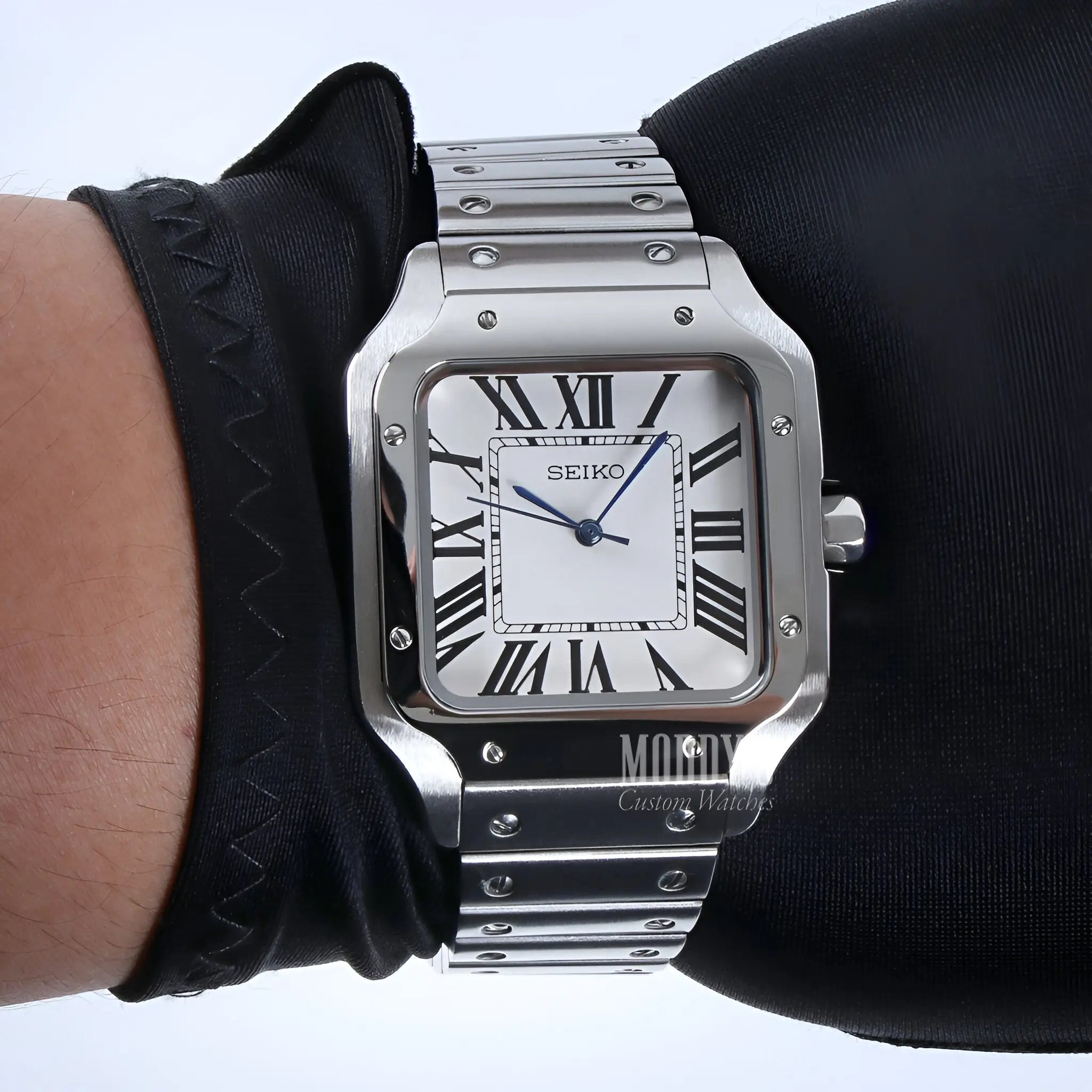 Silver Seiko NH35 Automatic Mod Santos Watch with Sapphire Glass