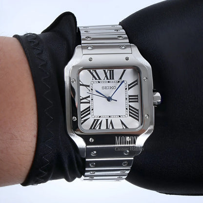 Silver Seiko NH35 Automatic Mod Santos Watch with Sapphire Glass