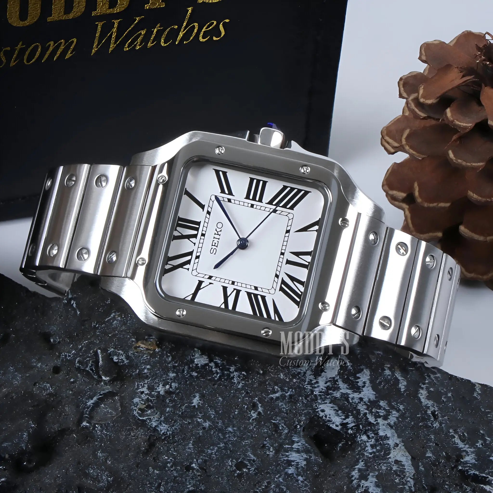 Silver Seiko NH35 Automatic Mod Santos Watch with Sapphire Glass