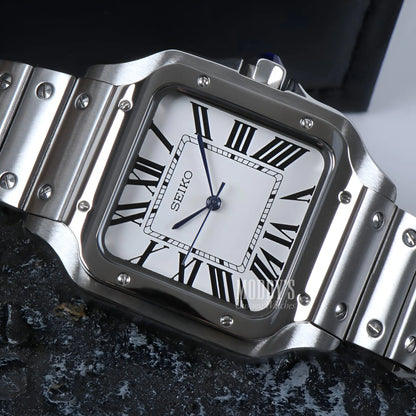 Silver Seiko NH35 automatic mod Santos watch with square face, Roman numerals, sapphire glass
