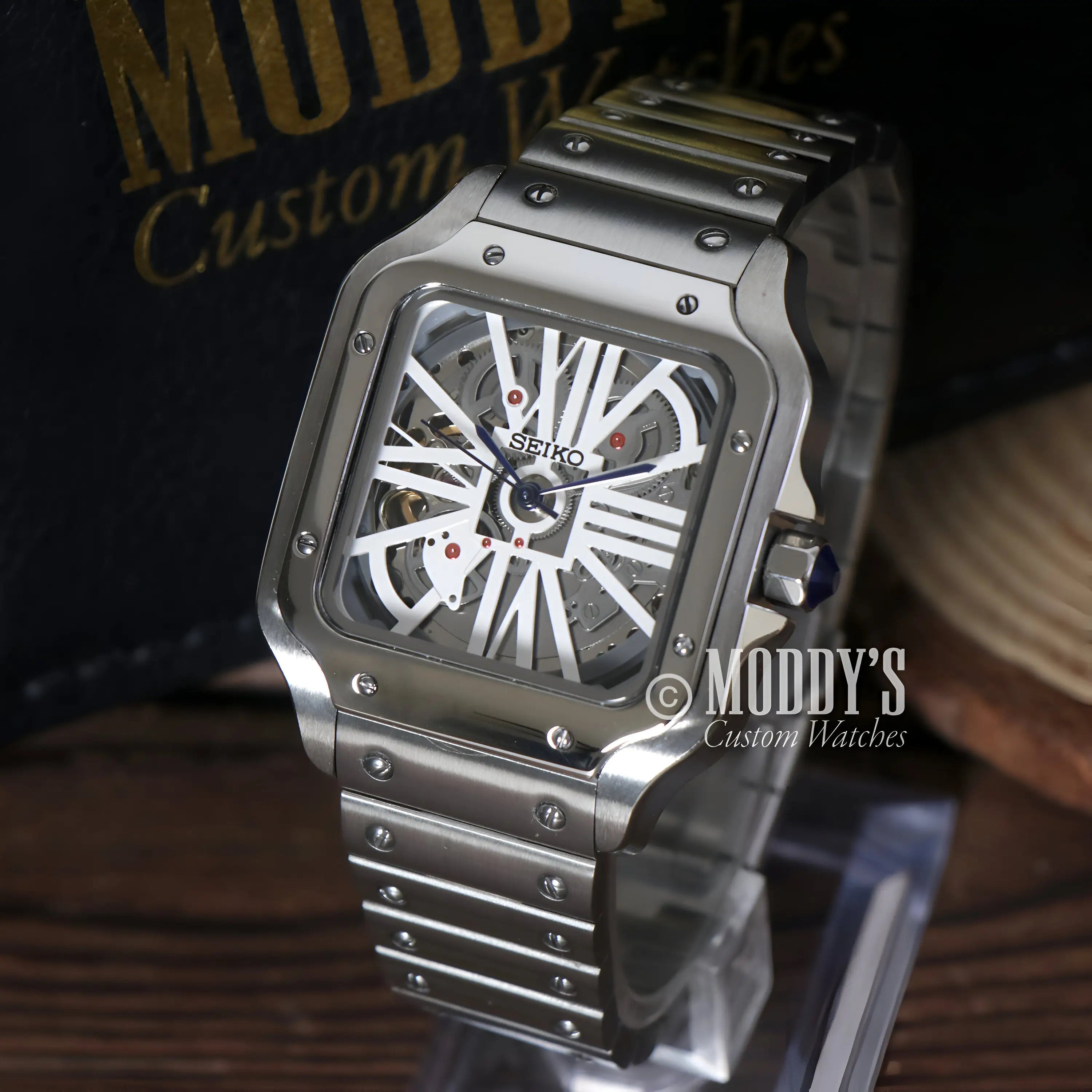 Silver Seiko mod Santos watch with NH70 movement and 316L steel band