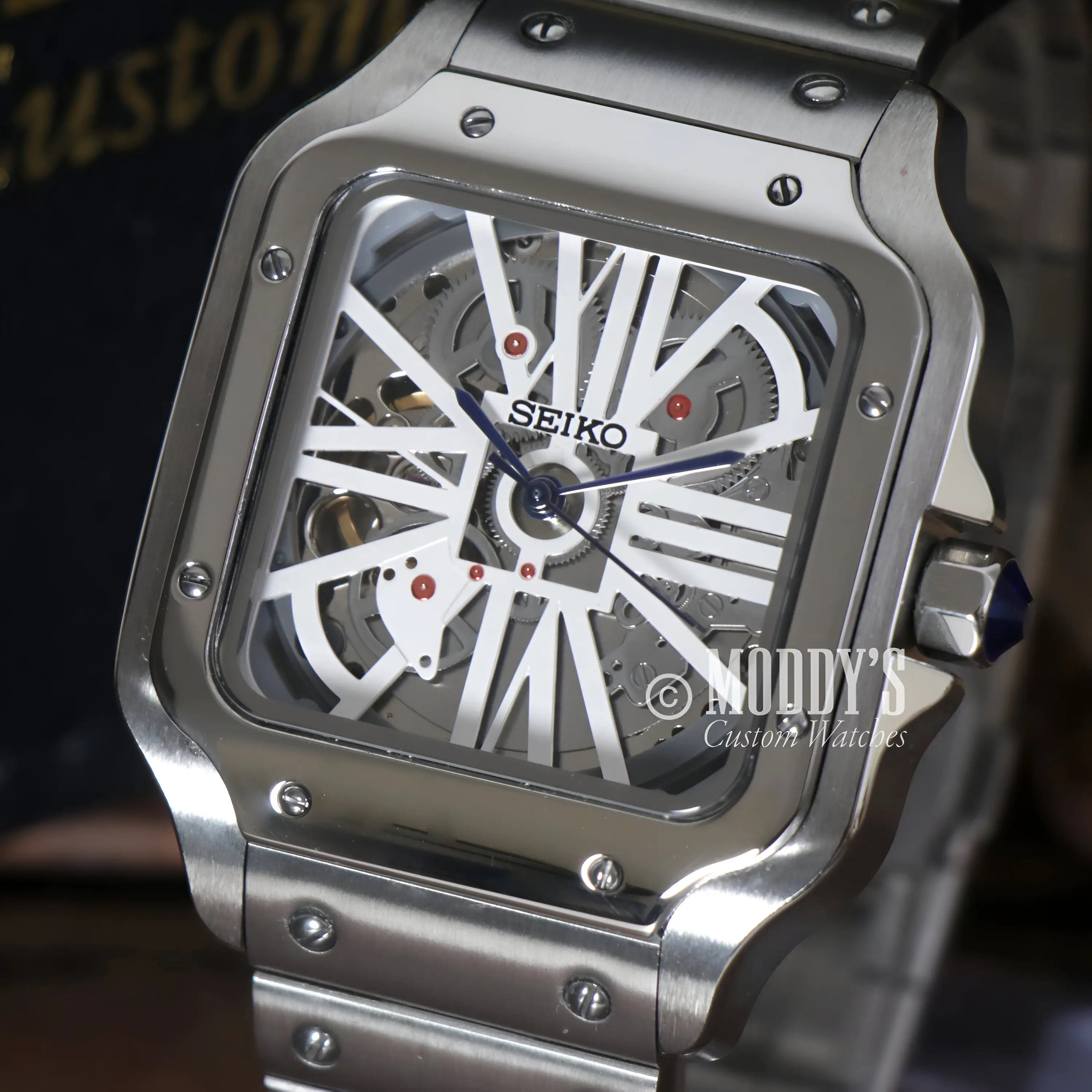 Seiko mod santos skeleton watch with 316L stainless steel